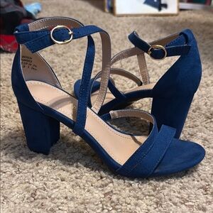 Blue Chunky Heel Sandals with Ankle Strap